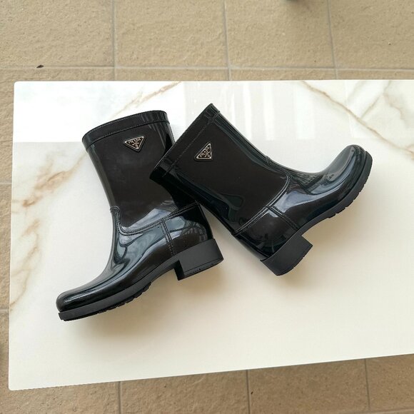 PRADA Black Sport Mid Calf Rubber Rain Boots Women Size 7 - Picture 2 of 12